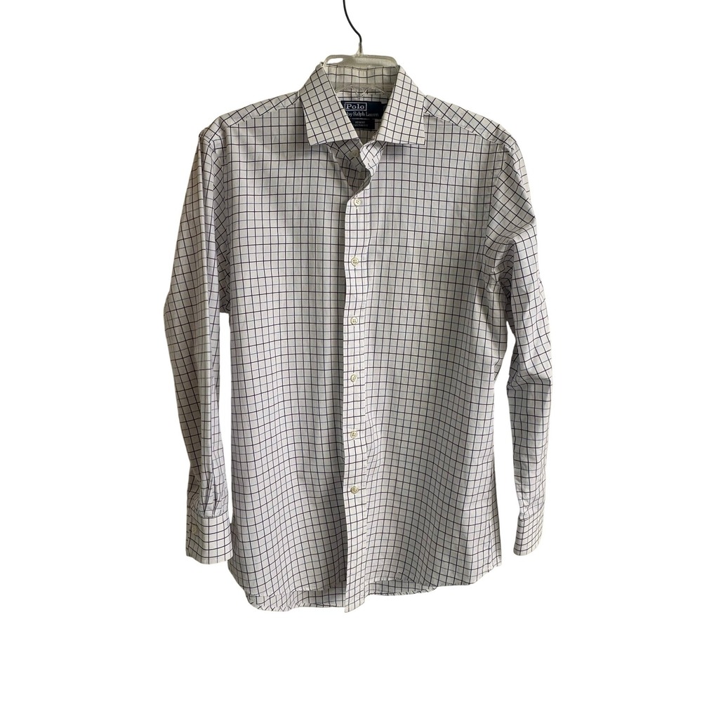 Polo Ralph Lauren Men's Custom Fit Dress Shirt‎ 16 32/33 White Blue Windowpane